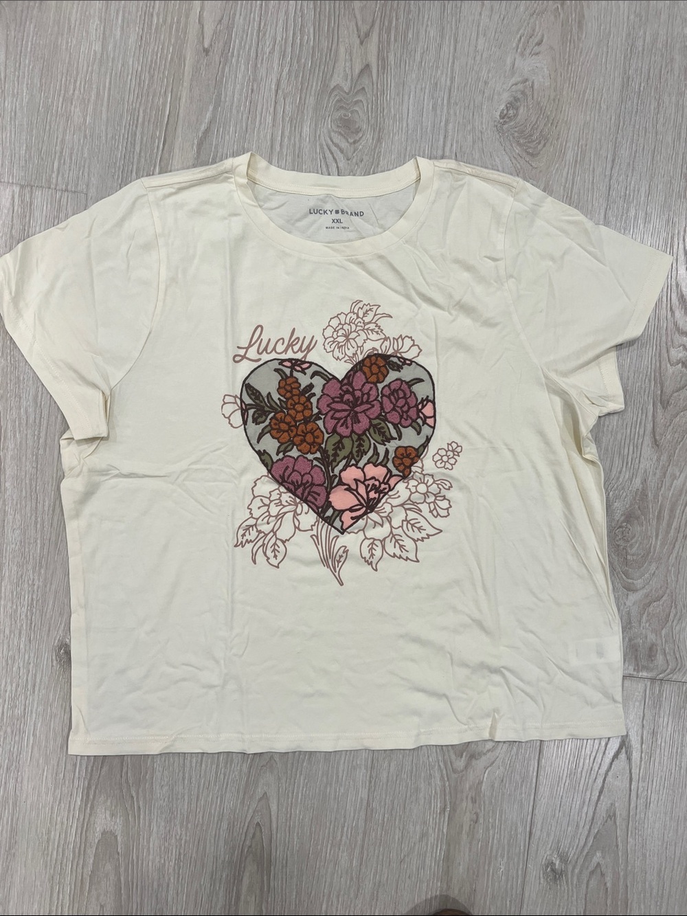 Lucky Brand Cream Tee with Pink & Mauve Floral Heart